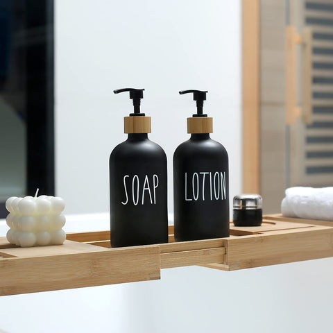 MOMEEMO glass dispenser on countertop elevates bathroom aesthetics.