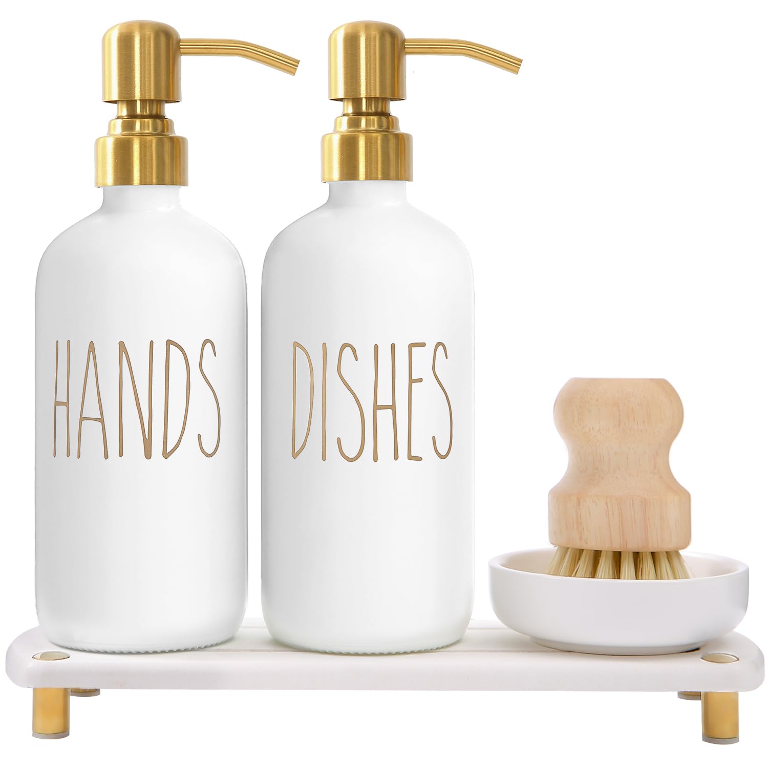 MOMEEMO Gold dish soap dispenser pumps for a sleek, organized sink.