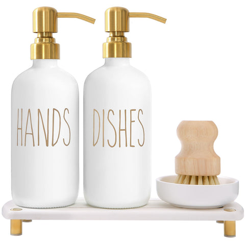 MOMEEMO Gold dish soap dispenser pumps for a sleek, organized sink.