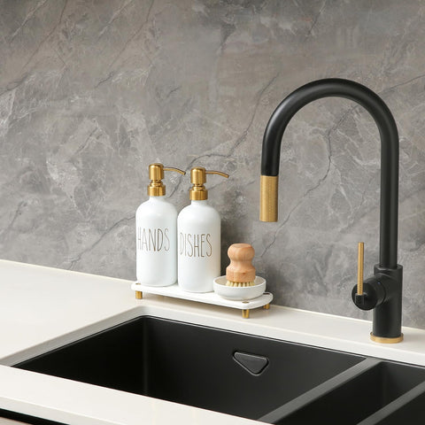 MOMEEMO Gold kitchen dish brush cleans stubborn spots with durable bristles.