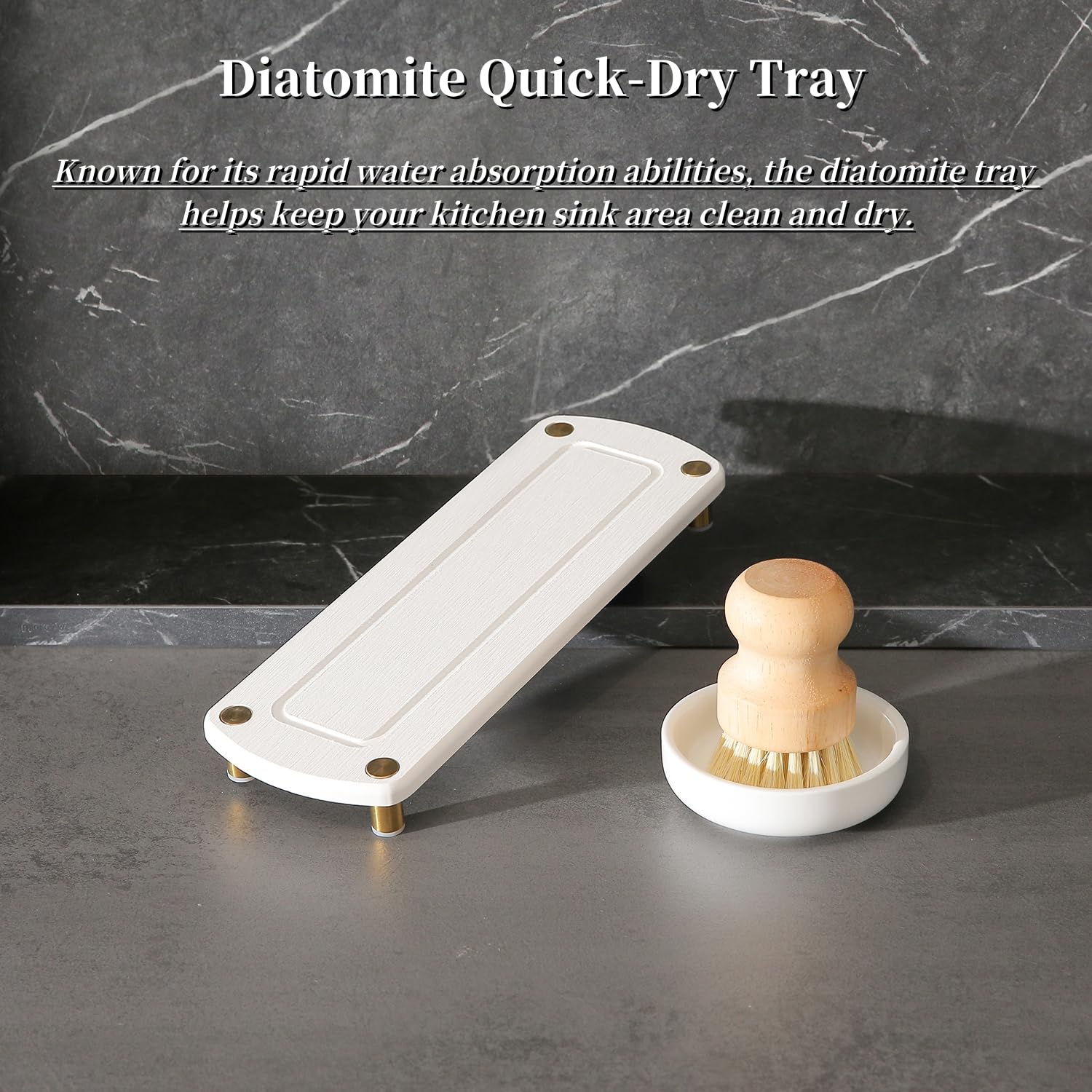 MOMEEMO Gold stone drying tray keeps counters tidy and dry.