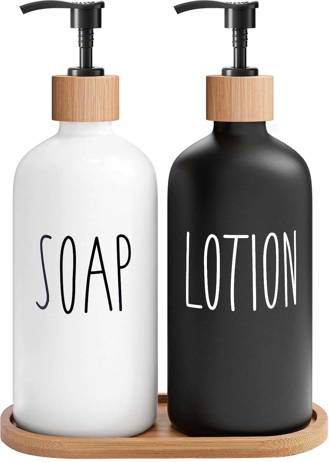 MOMEEMO soap dispenser on glass bottle with bamboo pump for stylish bathroom decor.
