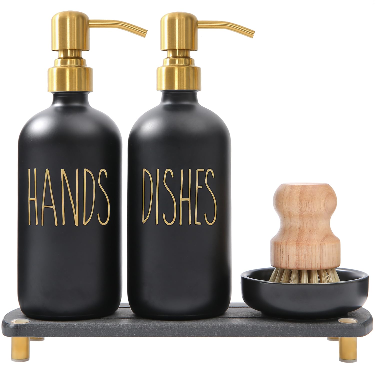 MOMEEMO soap dispenser set with stainless pumps on a drying tray keeps counters organized.