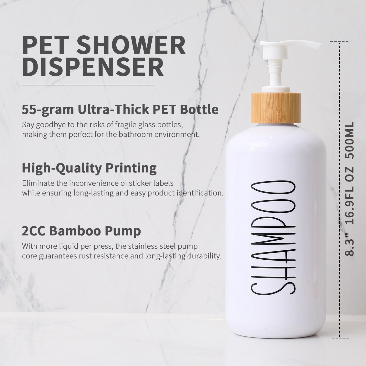 MOMEEMO white body wash dispenser bottle with clear labeling for easy guest use.