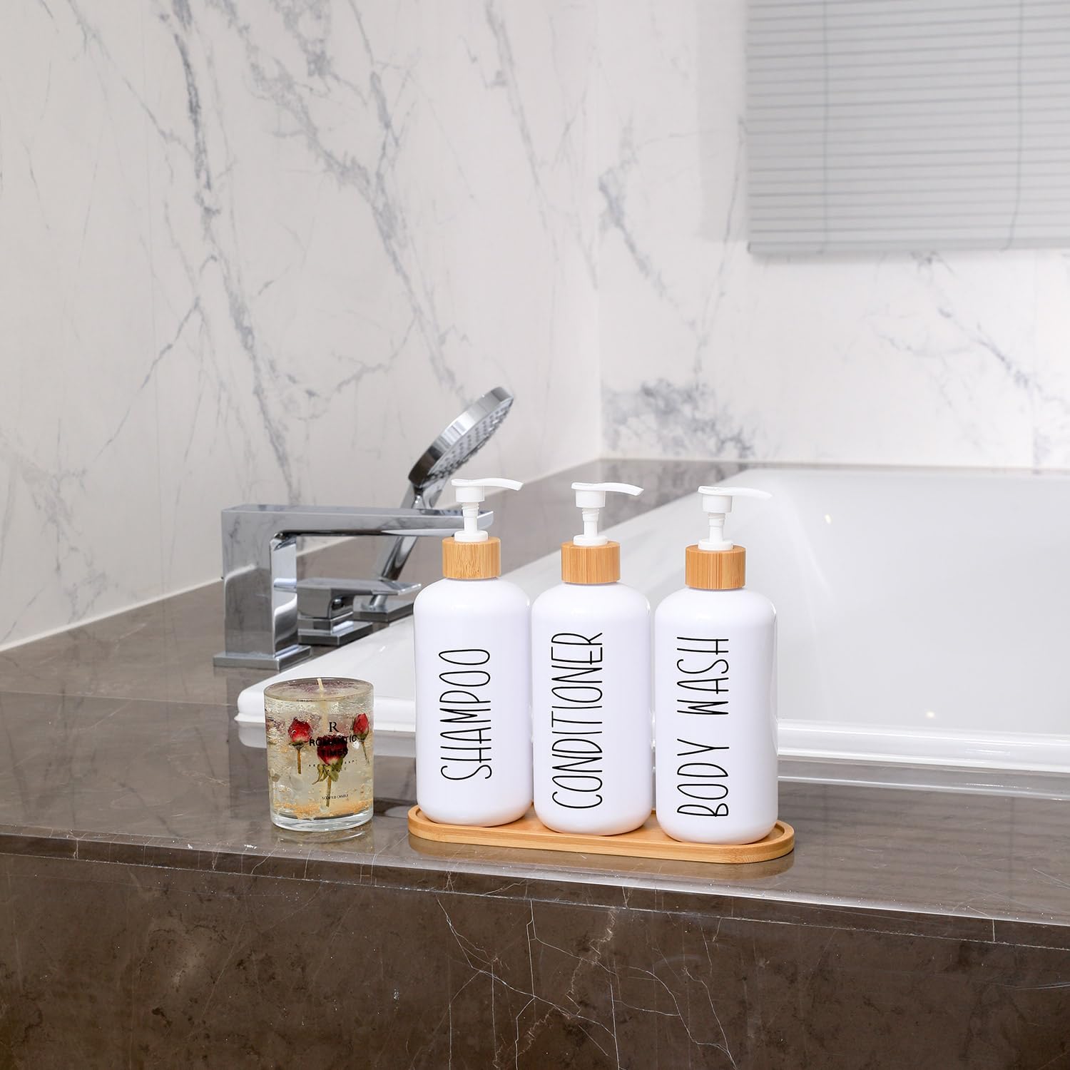 MOMEEMO white farmhouse bathroom scene emphasizes coordinated decor and practical dispensers.