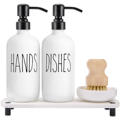 MOMEEMO white soap dispenser set with stainless steel pumps for a tidy kitchen counter.