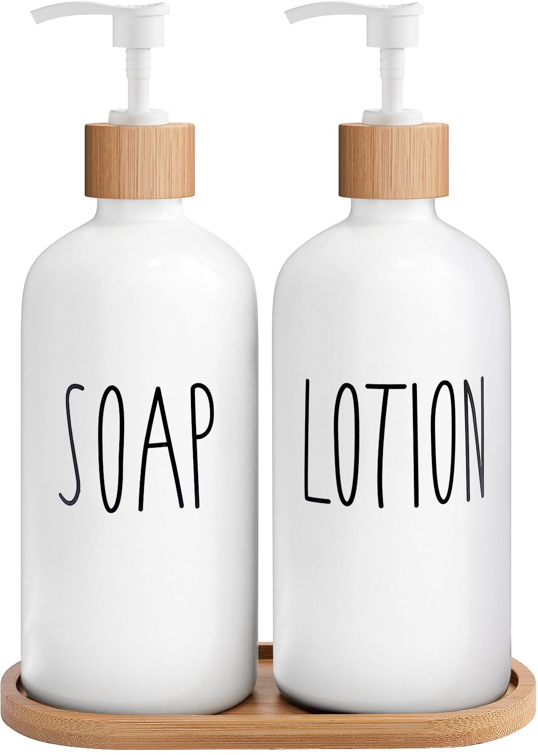 MOMEEMO white soap dispenser for bathroom with bamboo pump keeps counters tidy