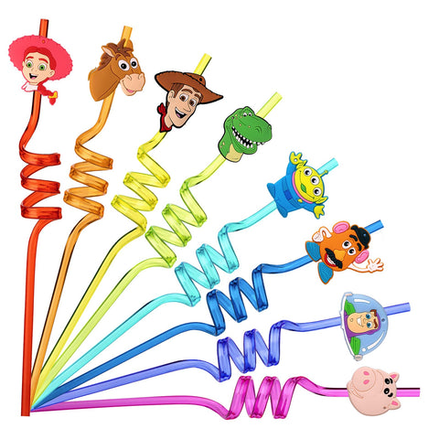 Momkutei toy-inspired story straw blue pattern for durable, reusable party drinks.