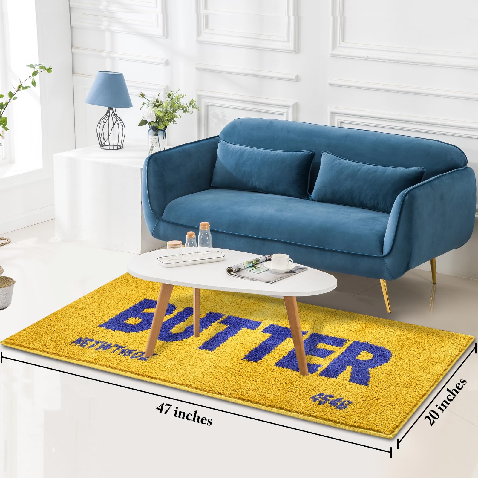 Momlli Butter Rug living room setup brightens space with cheerful color.