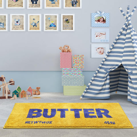 Momlli Butter Rug vibrant yellow color livens kitchen, hallway, or bedroom.