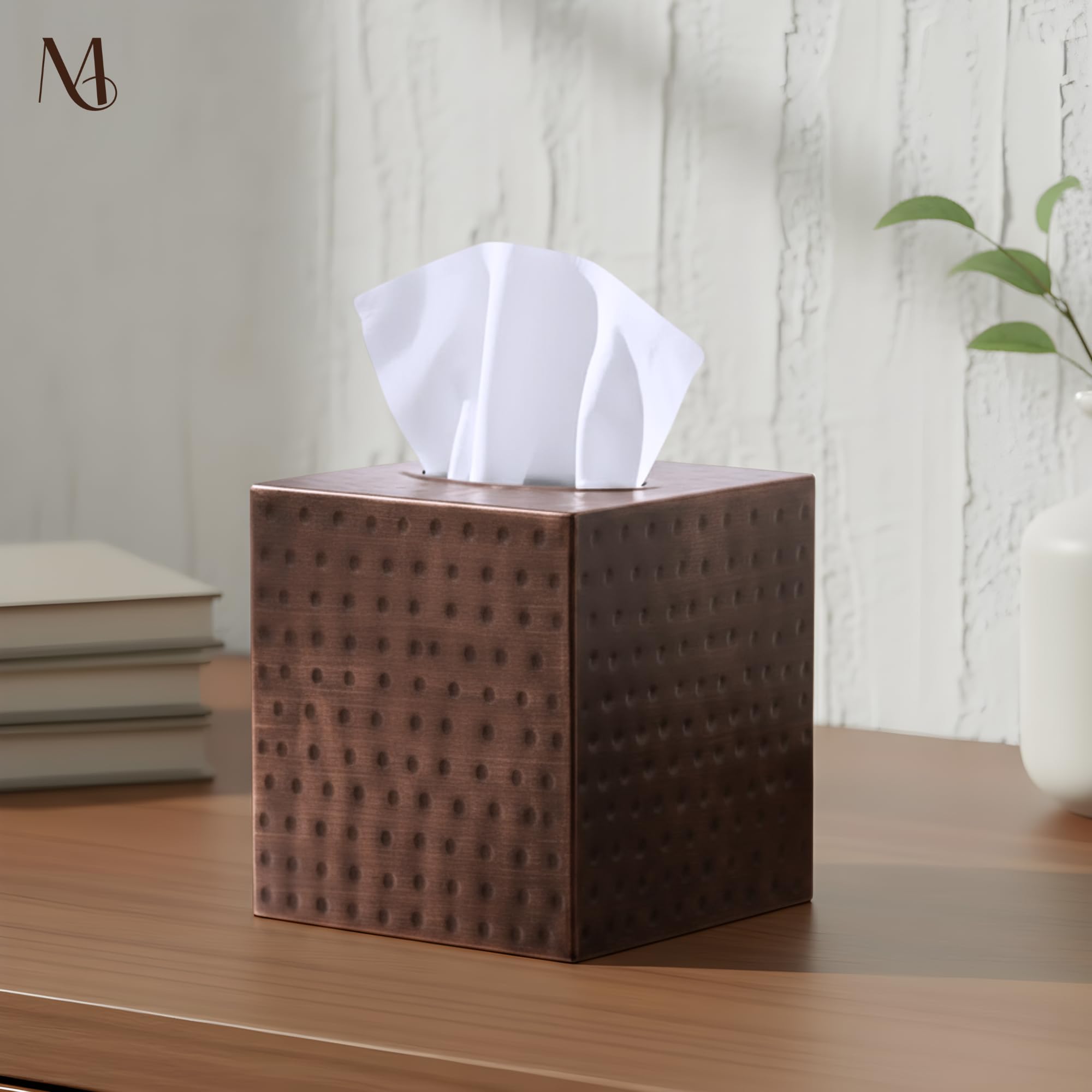 Monarch Abode antique copper finish tissue box cover brings warm tones to bathrooms.