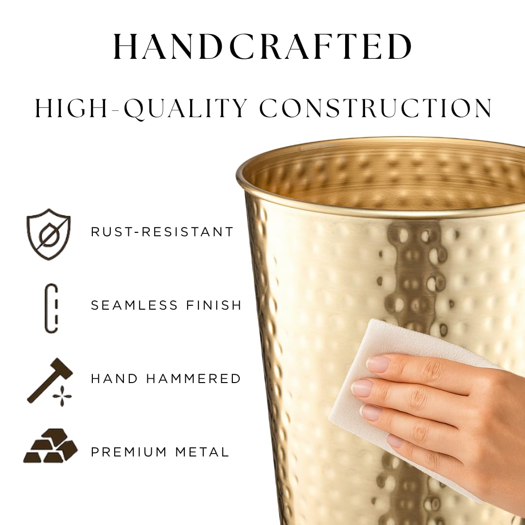 Monarch Abode brushed gold wastebasket compact design fits under sinks and vanities.