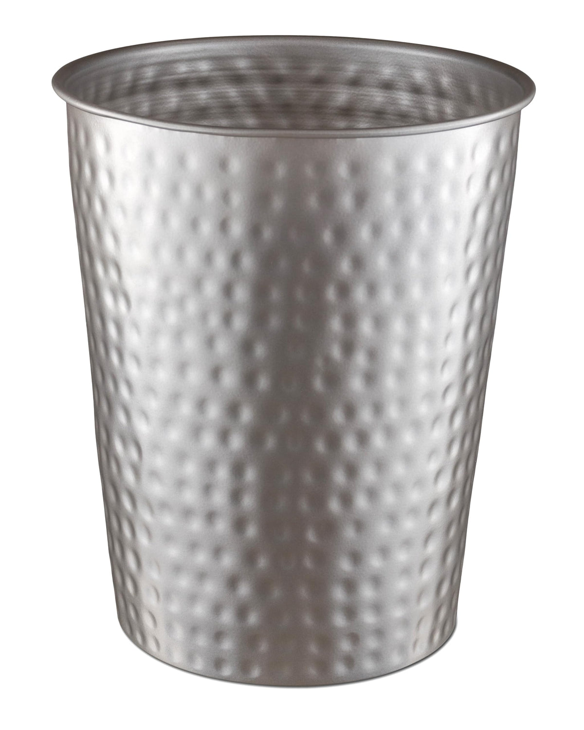 Monarch Abode hand hammered metal trash can showcasing artisanal texture for bathrooms.