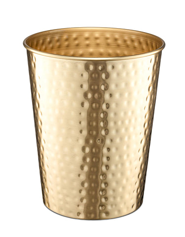 Monarch Abode hand-hammered wastebasket in brushed gold for elegant bathroom décor.