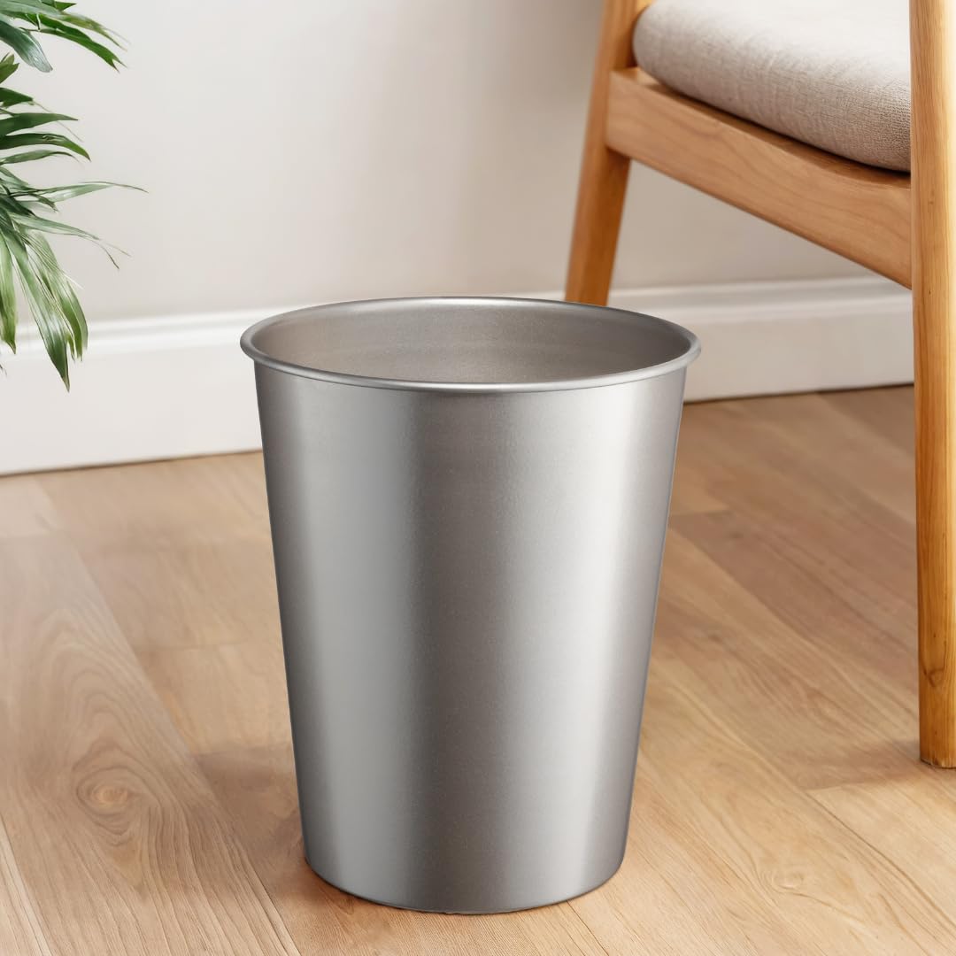 Monarch Abode metal wastebasket desk setup showcases elegant metal finish for workspaces.