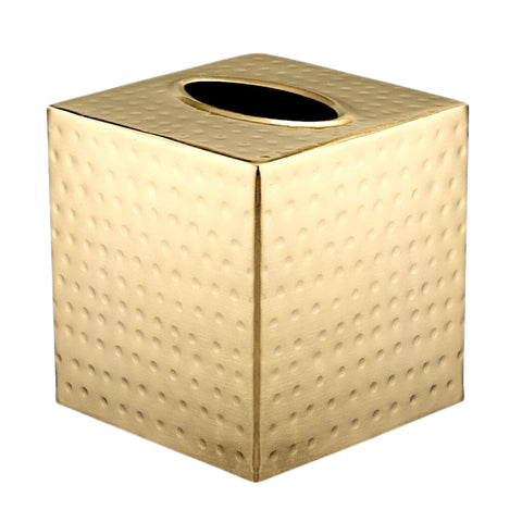 Monarch Abode handhammered brushed gold square tissue box cover on bathroom vanity