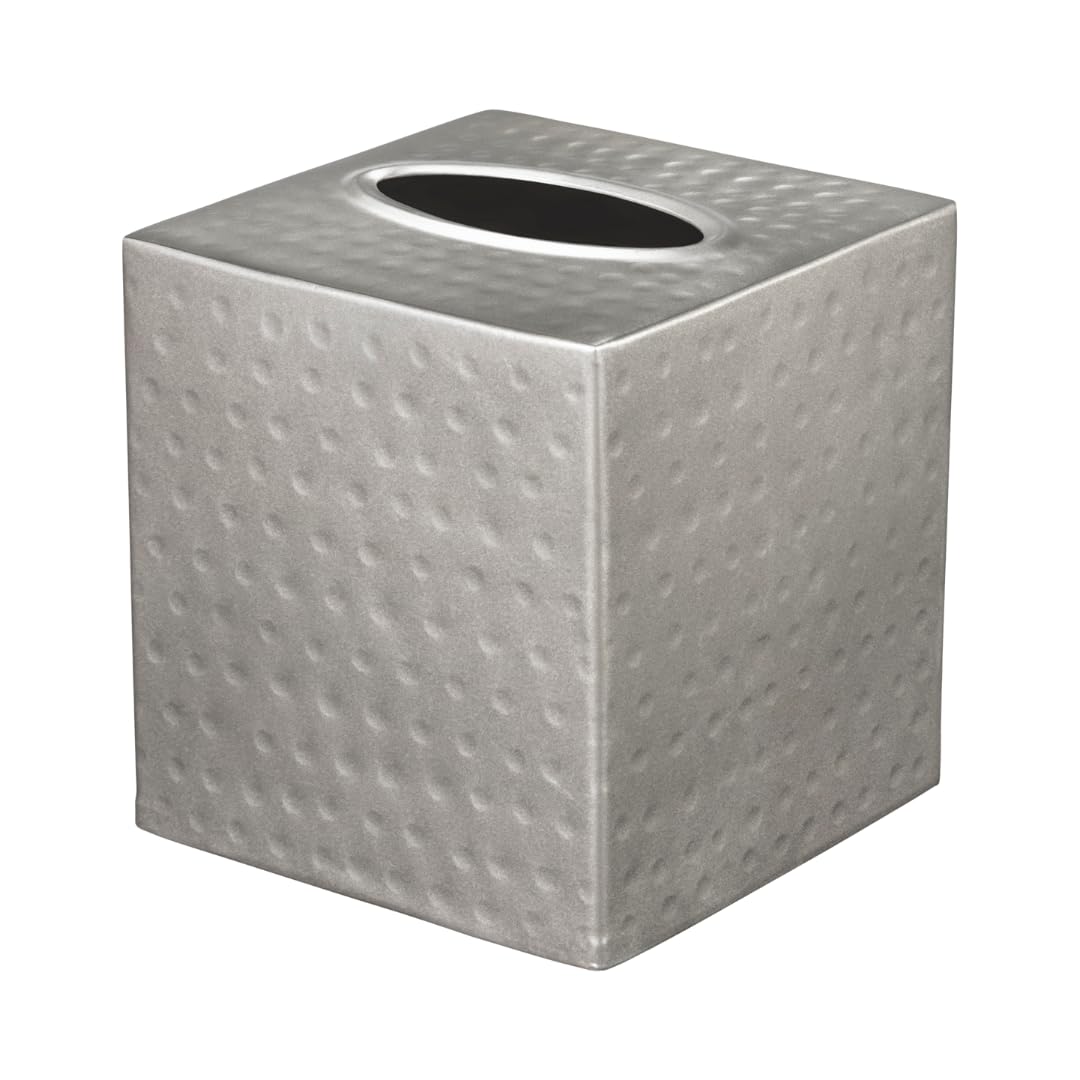Monarch Abode hand hammered pewter tissue box cover on vanity, durable and stylish.