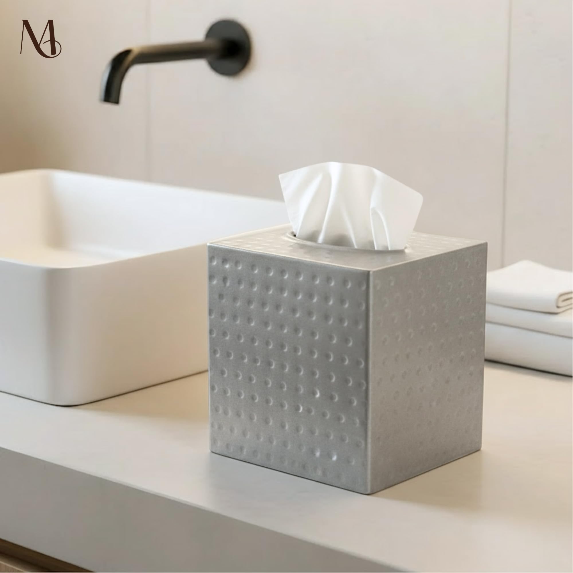 Monarch Abode matte black square tissue cover complements contemporary desks and counters.
