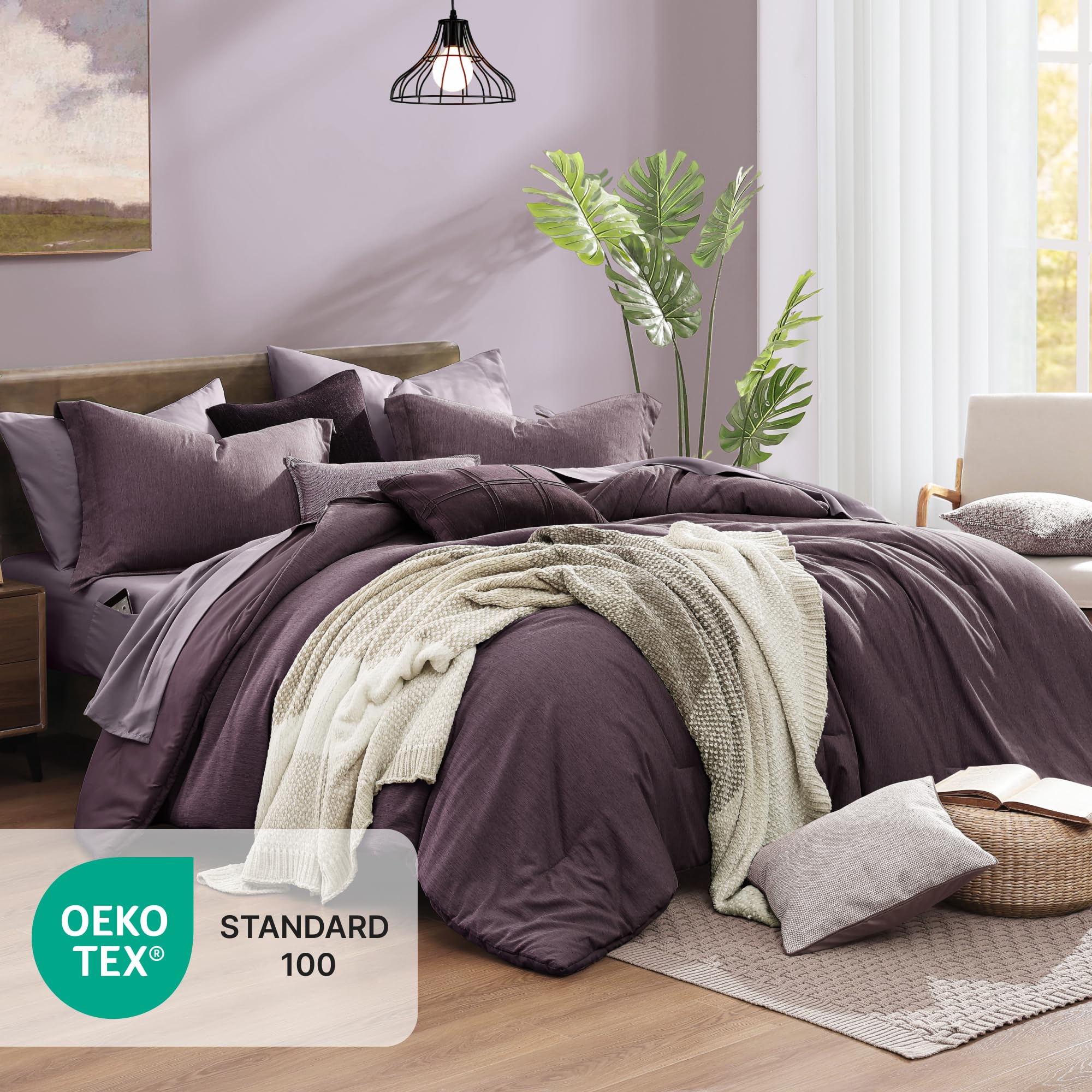 Monbix King Size Comforter Set color-uniform dyeing with even plum shade