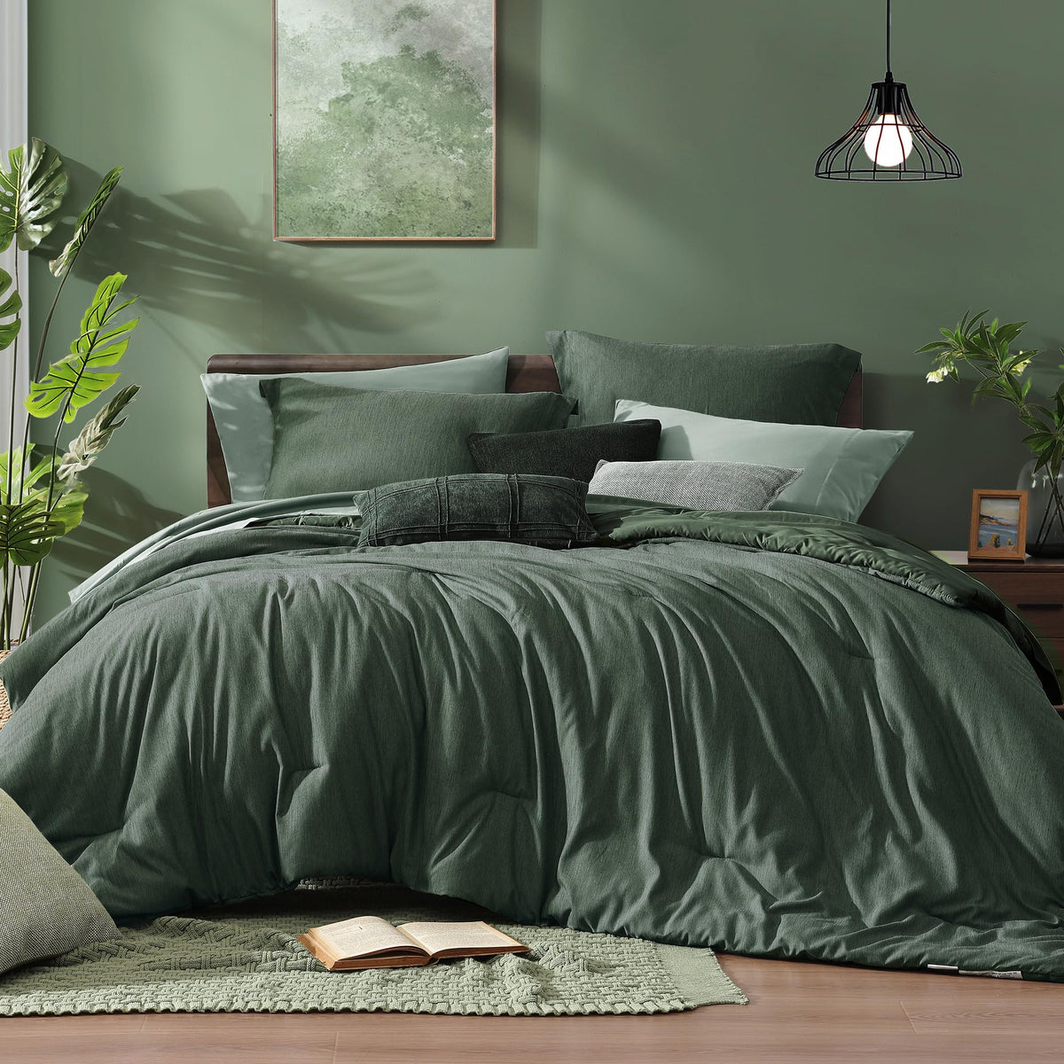 Monbix king size comforter set in deep forest color offers year-round warmth and softness.