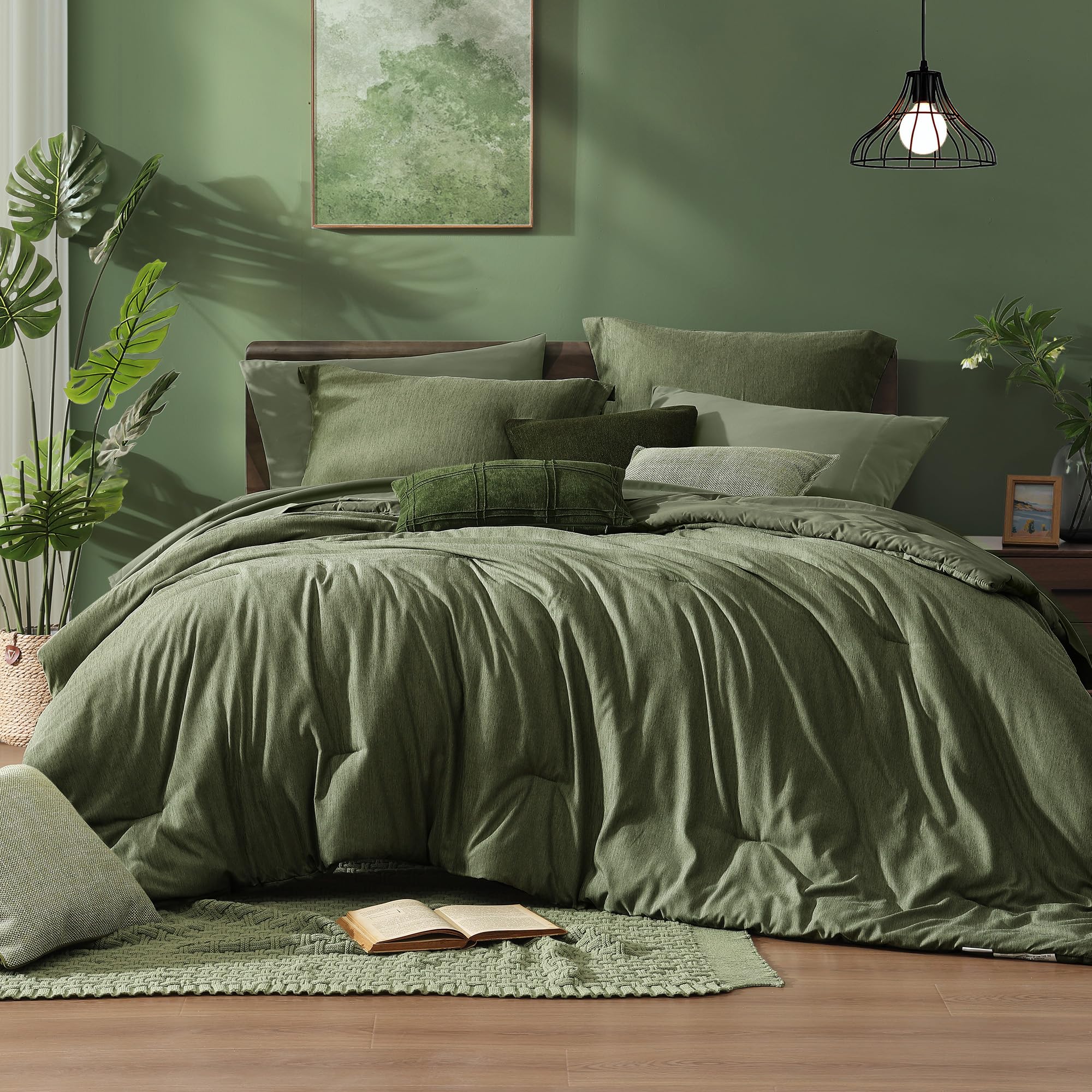 Monbix king-size olive green comforter set close-up highlights plush softness.