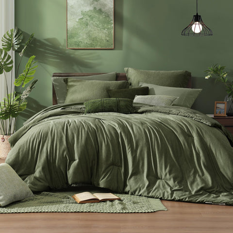Monbix king-size olive green comforter set close-up highlights plush softness.