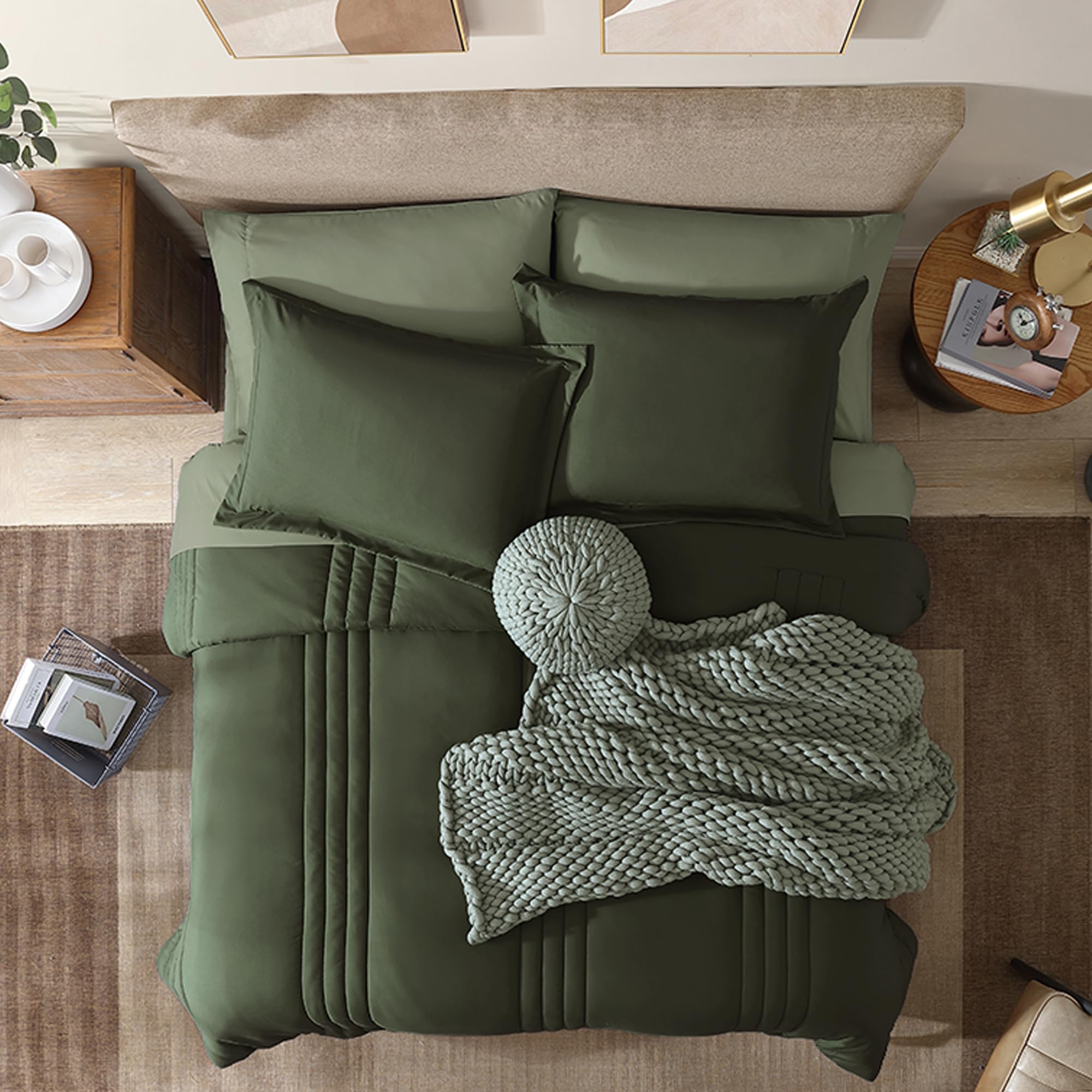 Monbix olive green comforter on bed shows plush warmth and neat styling
