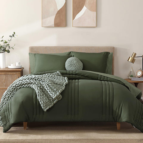 Monbix king-size olive green comforter set in packaging for gift-ready presentation