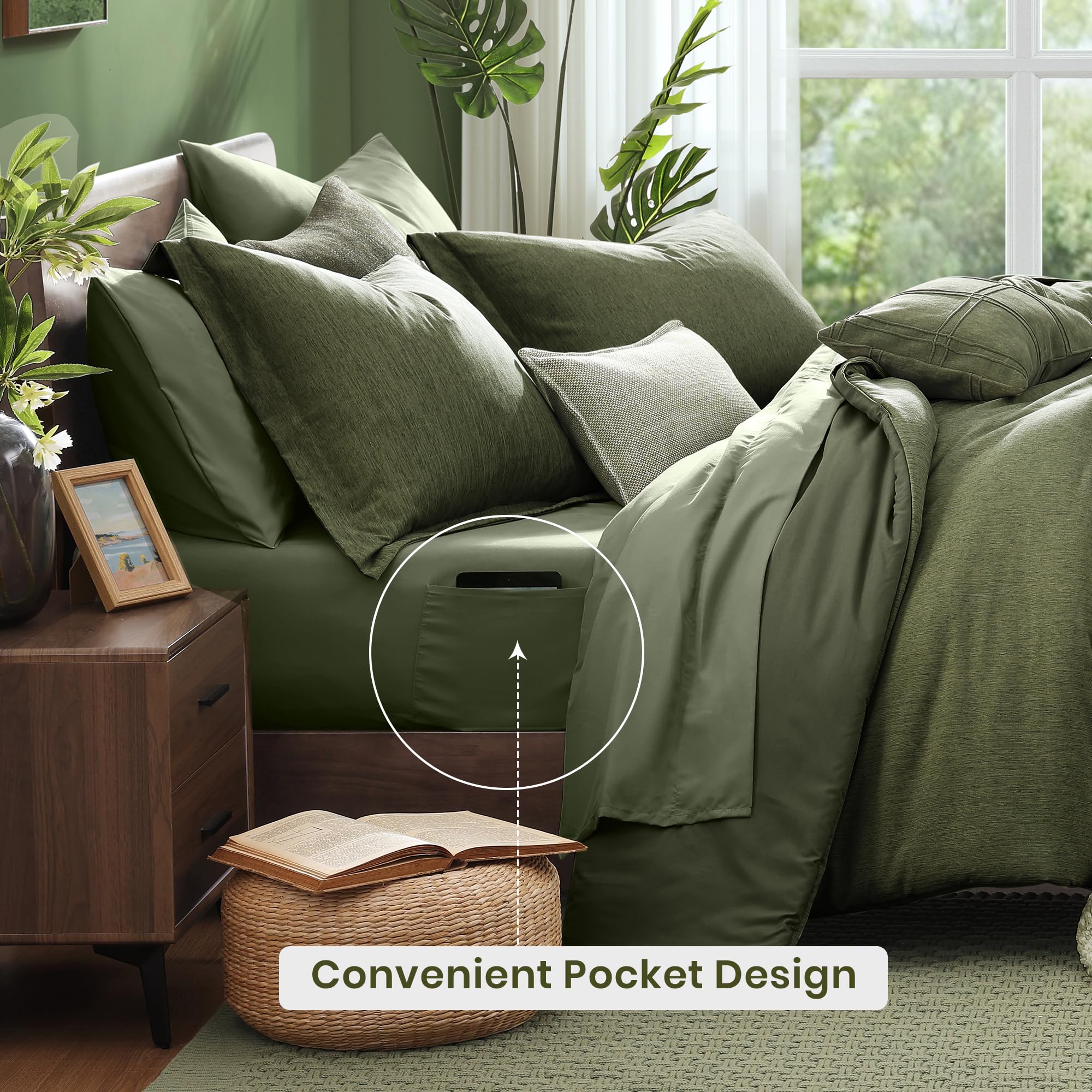 Monbix pillowcases in olive green reveal smooth texture and durability.
