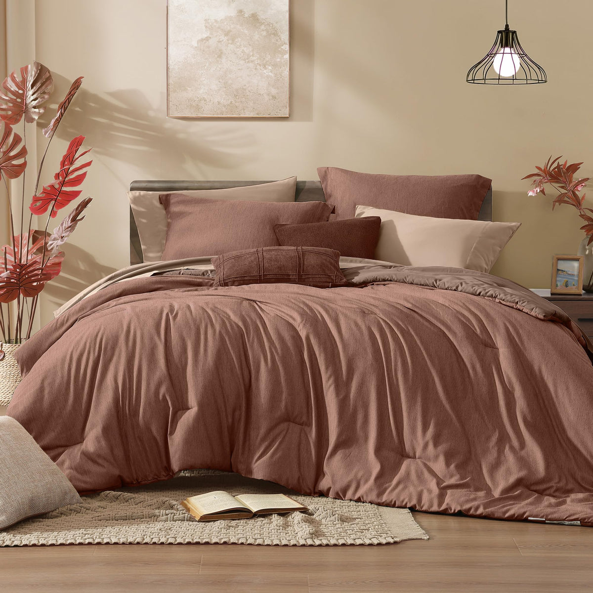 Monbix terracotta king-size comforter close-up with plush loft for year-round coziness.