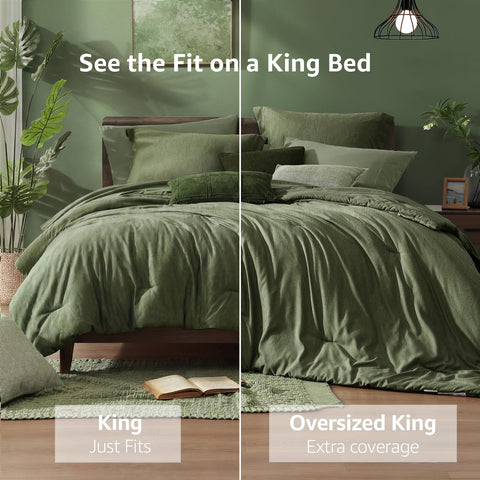Monbix olive green fitted sheet demonstrates secure, easy fit.