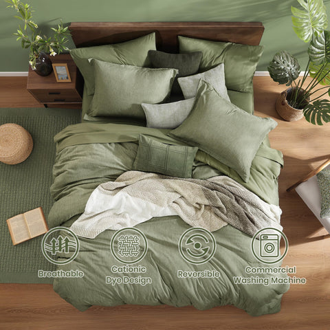 Monbix queen bed layout with complete sage green bedding for a cohesive look