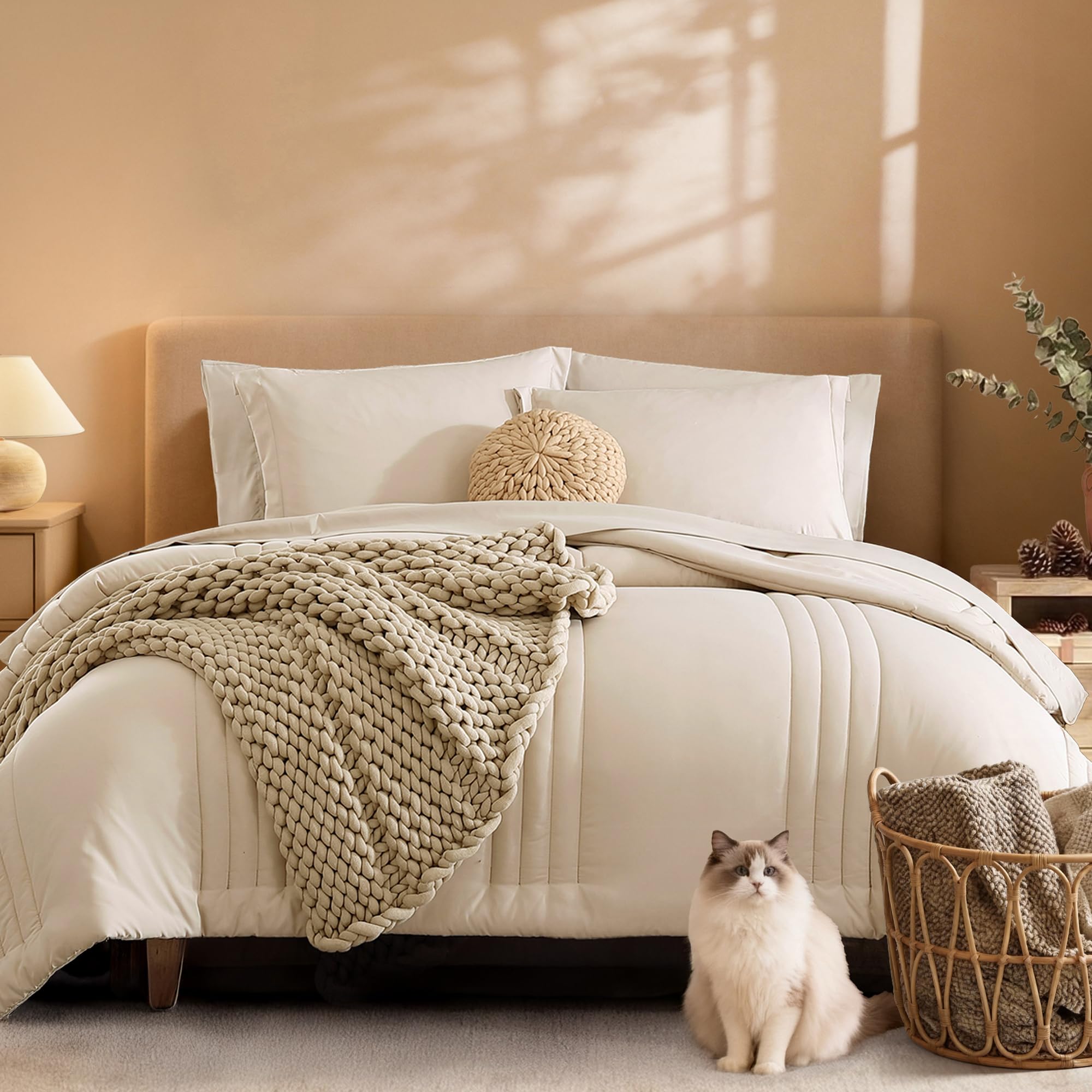Monbix queen comforter beige with cloud-like filling for year-round warmth