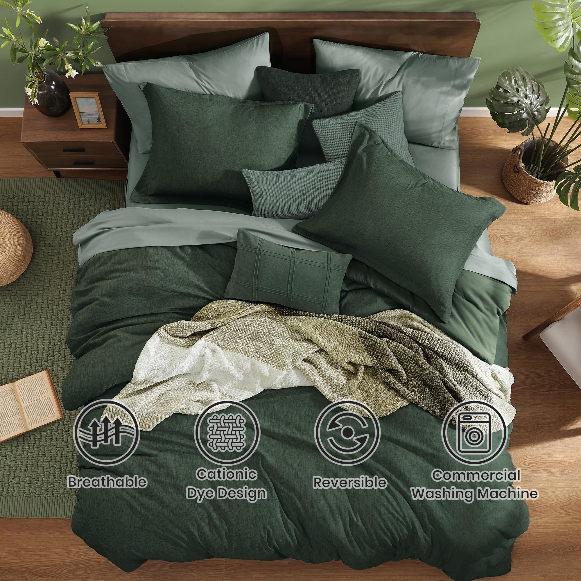 Monbix Queen Comforter Set on bed in Deep Forest shows rich color and plush loft.
