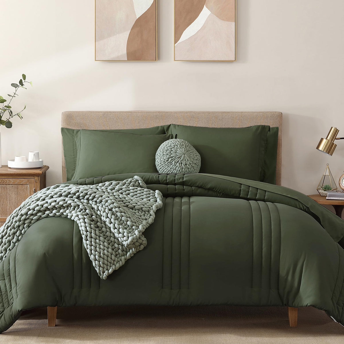 Monbix Queen Comforter Set olive green on bed, all-season coziness