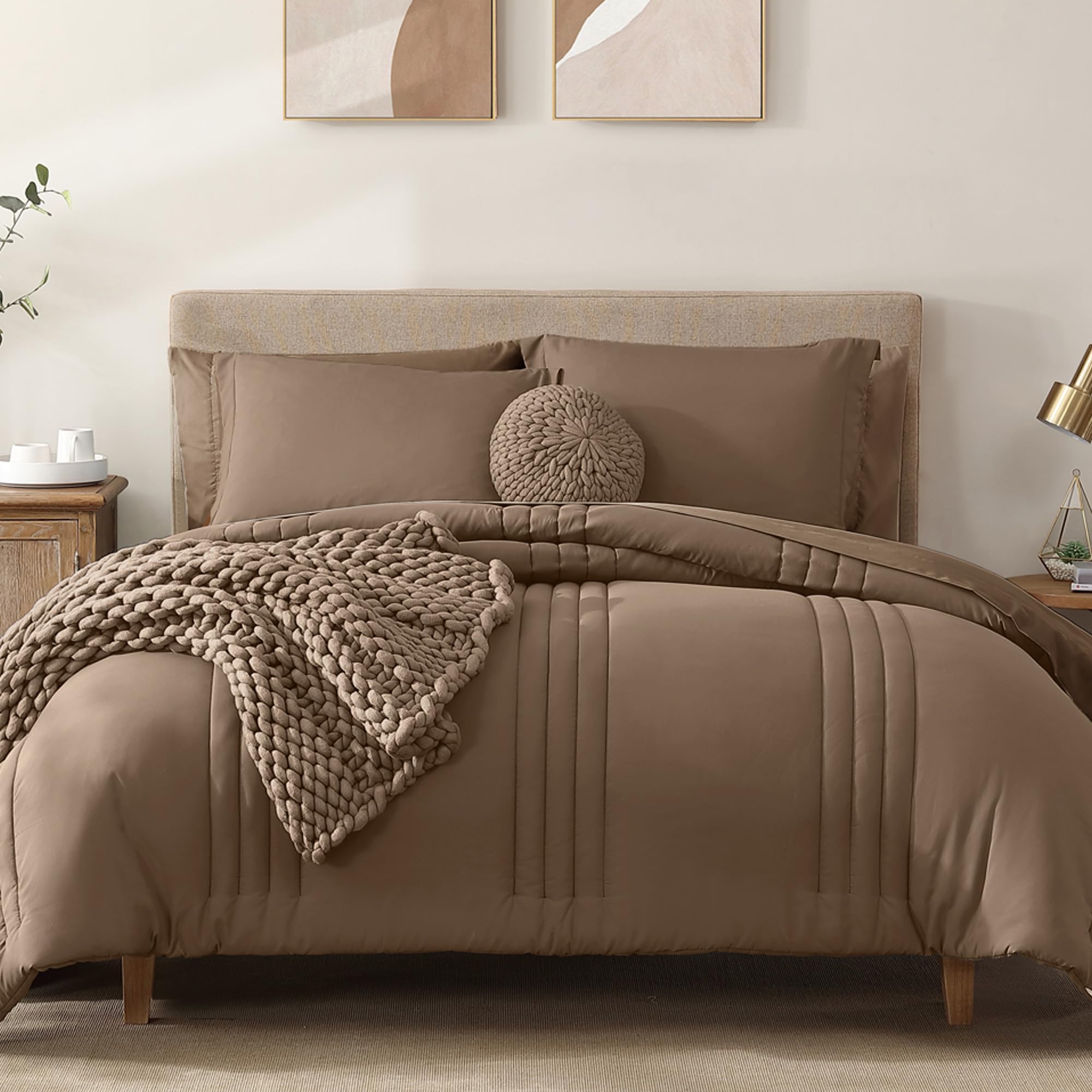 Monbix queen comforter set in raw umber, offering cozy all-season warmth.