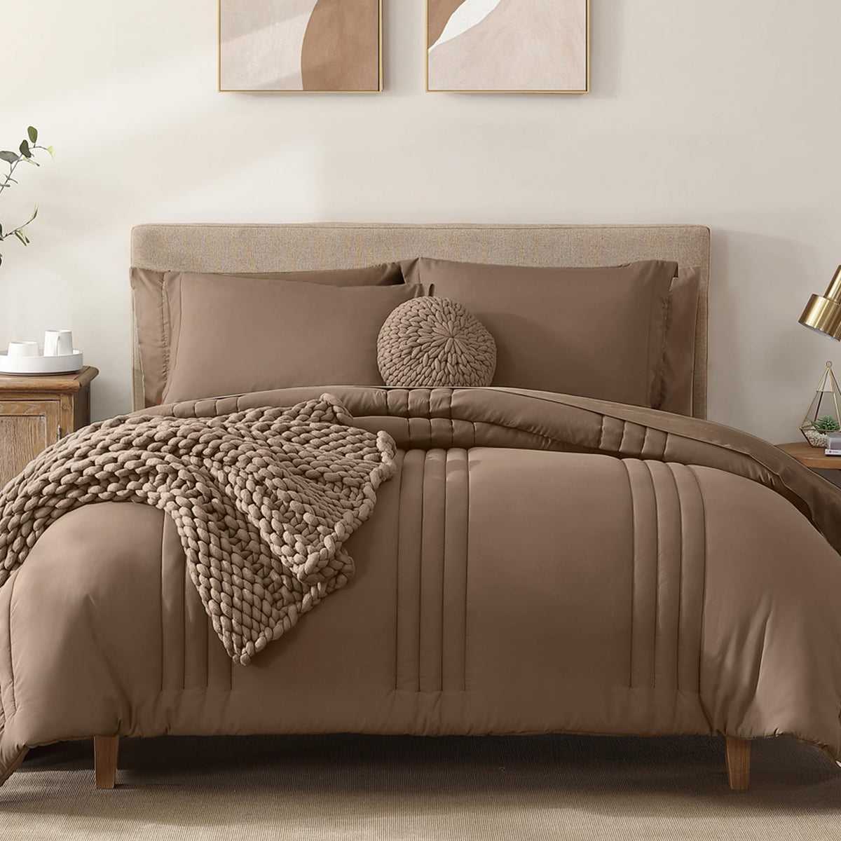 Monbix queen comforter set in raw umber, offering cozy all-season warmth.