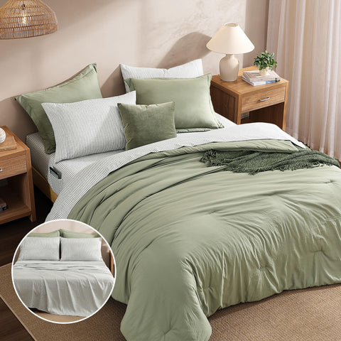 Monbix fitted sheet and green sheets provide snug fit and easy care.