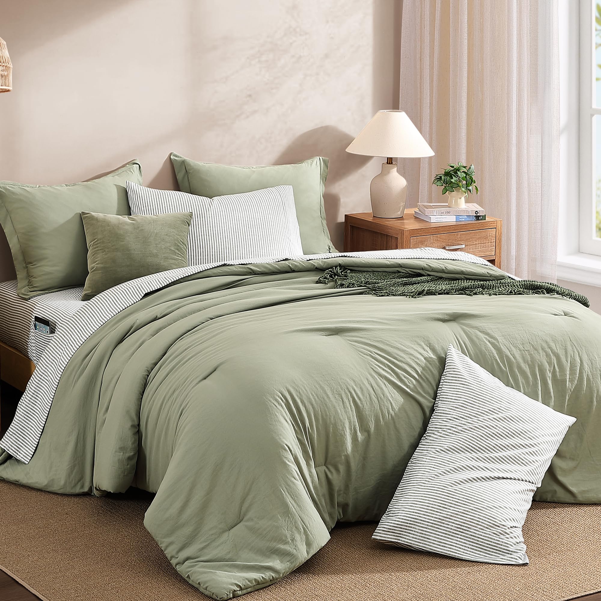 Monbix queen flat sheet in green complements modern decor with lasting softness.