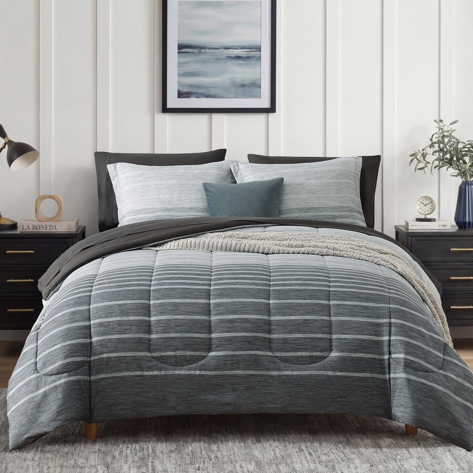Monbix queen comforter set in grey stripe adds cozy all-season style