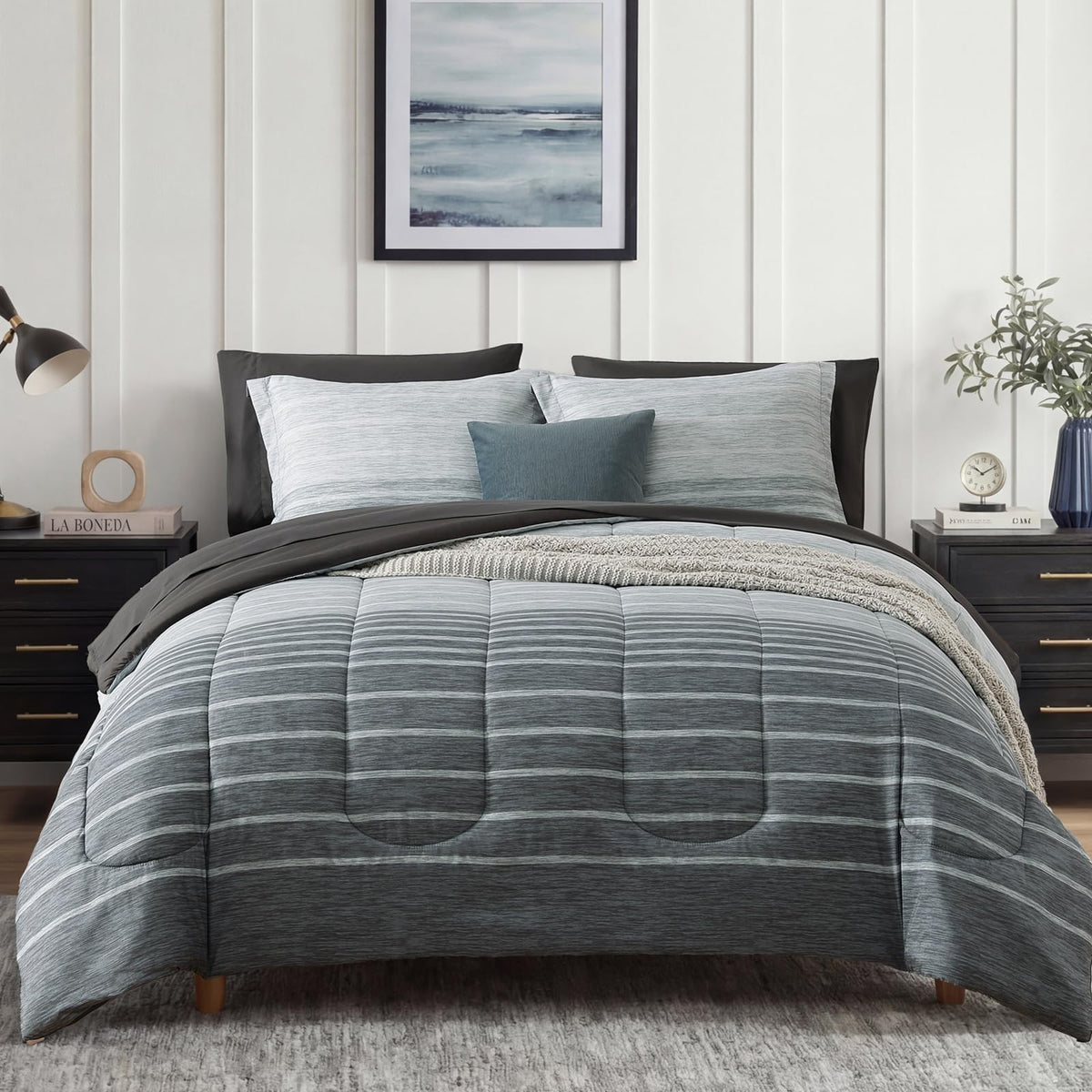 Monbix queen comforter set in grey stripe adds cozy all-season style