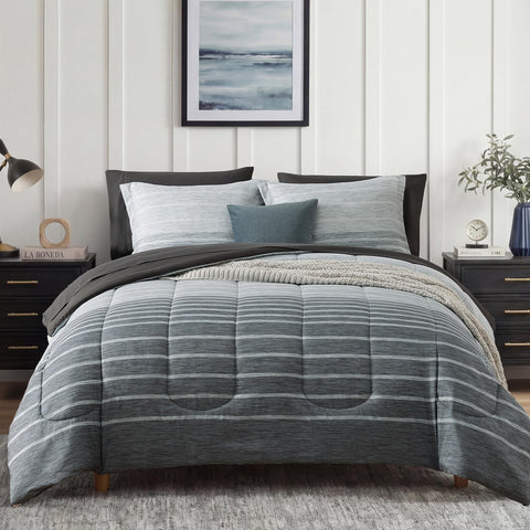 Monbix queen comforter set in grey stripe adds cozy all-season style