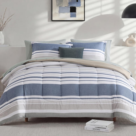 Monbix Queen Comforter Set in ocean blue stripes adds cozy ambiance for year-round warmth
