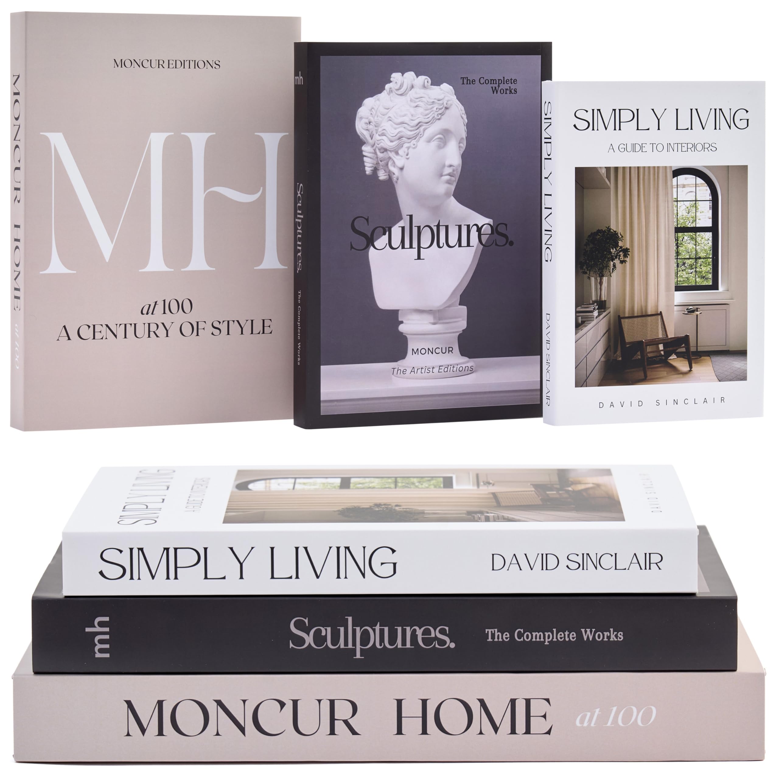 Moncur Home decorative books with gray covers on a modern coffee table for a chic look
