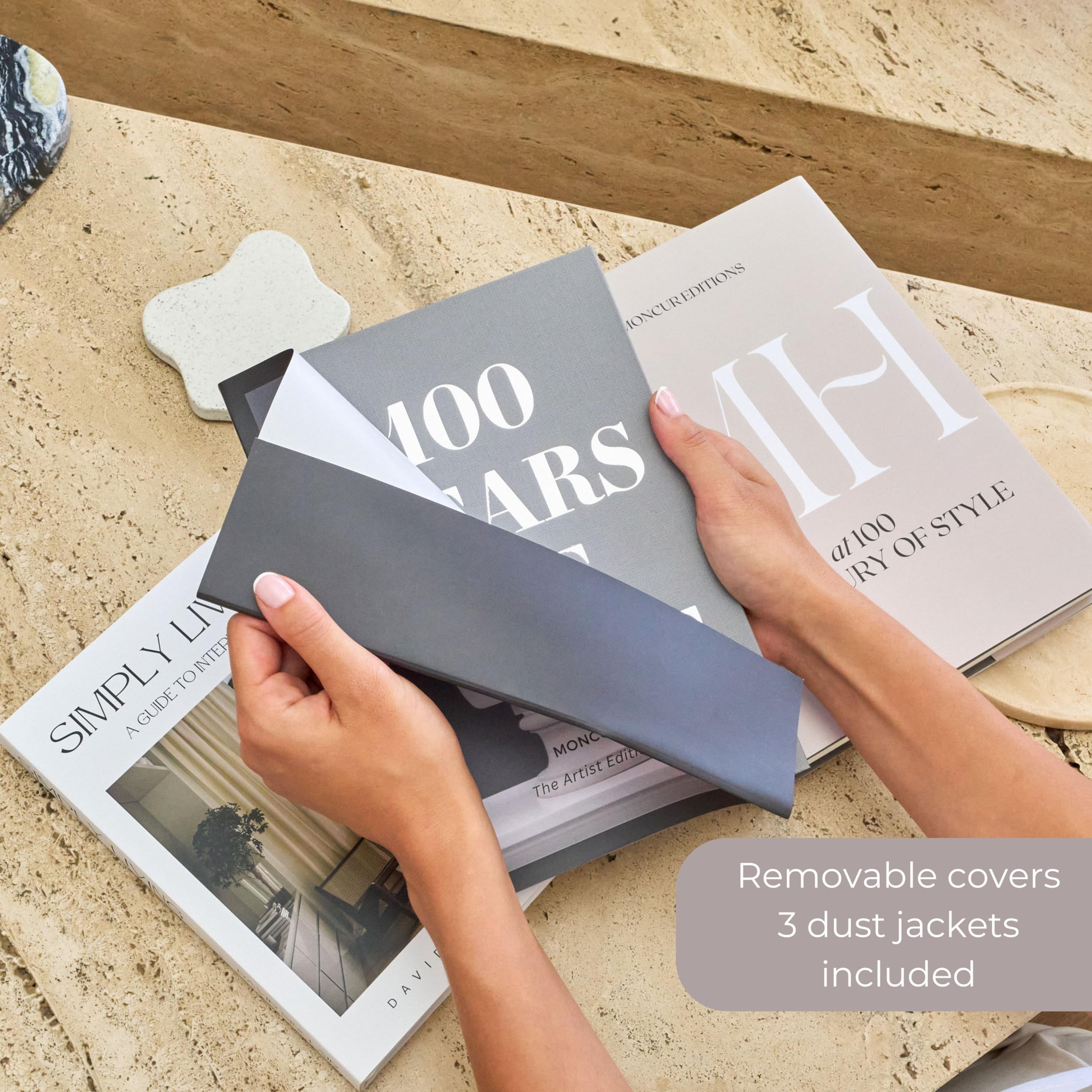 Removable covers on Moncur Home decorative books enable seasonal styling options