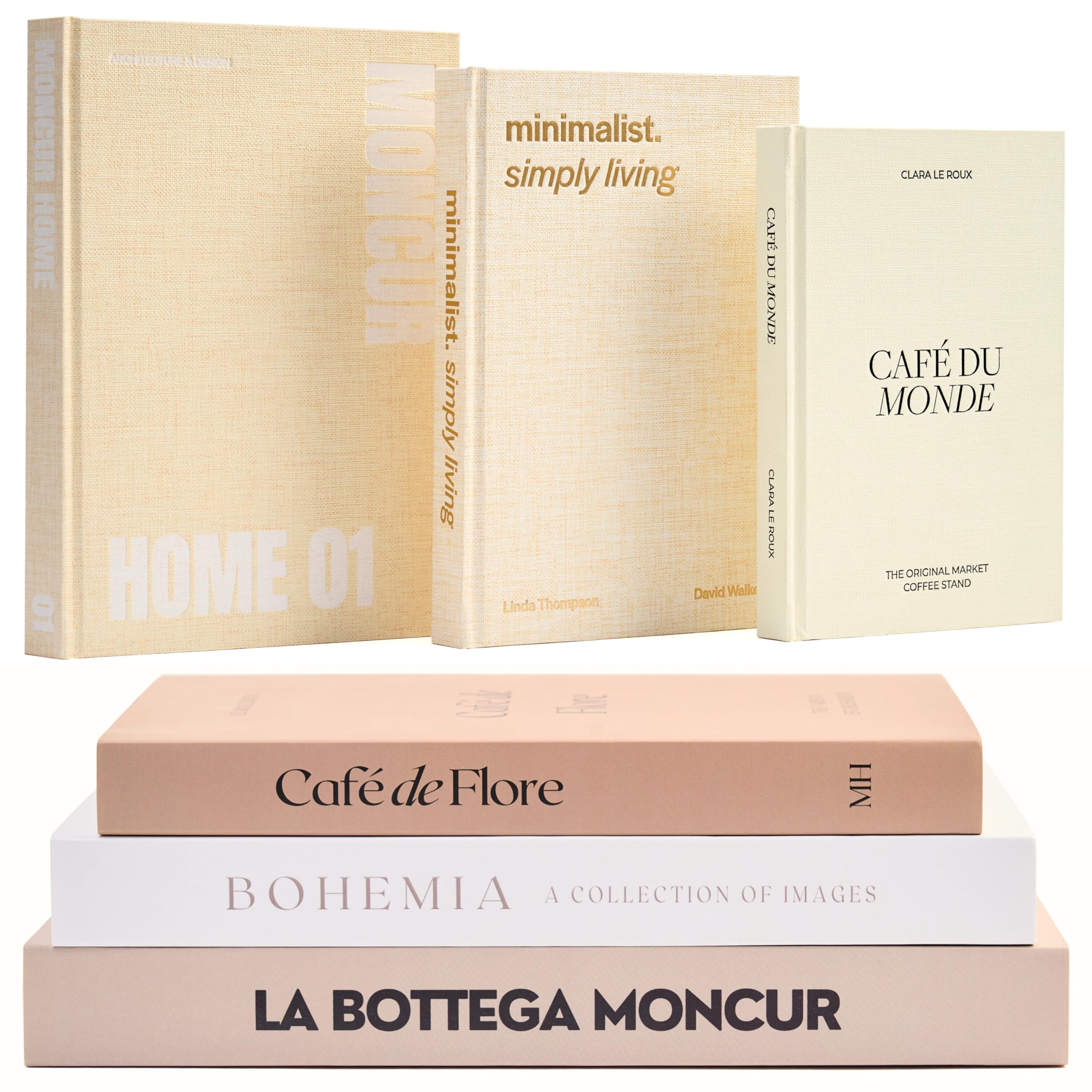 Moncur Home faux books with a neutral palette complement diverse décor schemes.