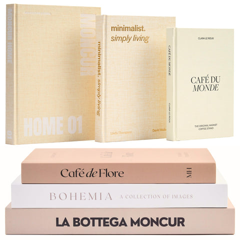 Moncur Home faux books with a neutral palette complement diverse décor schemes.
