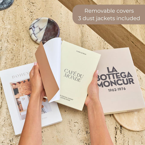 Moncur Home faux books with removable covers show beige to white versatility.