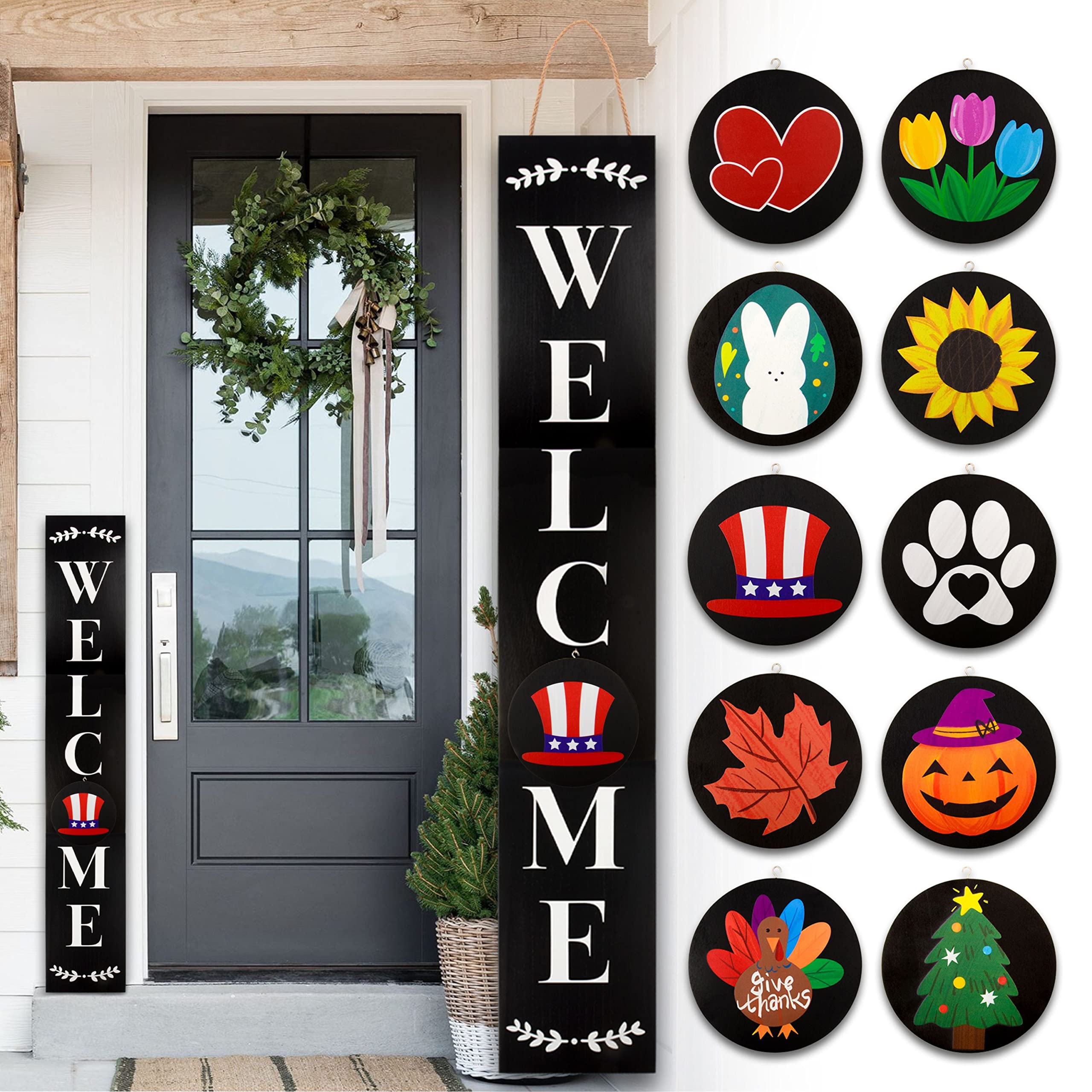 MONJITA welcome sign for front porch standing with interchangeable icons enhances curb appeal.