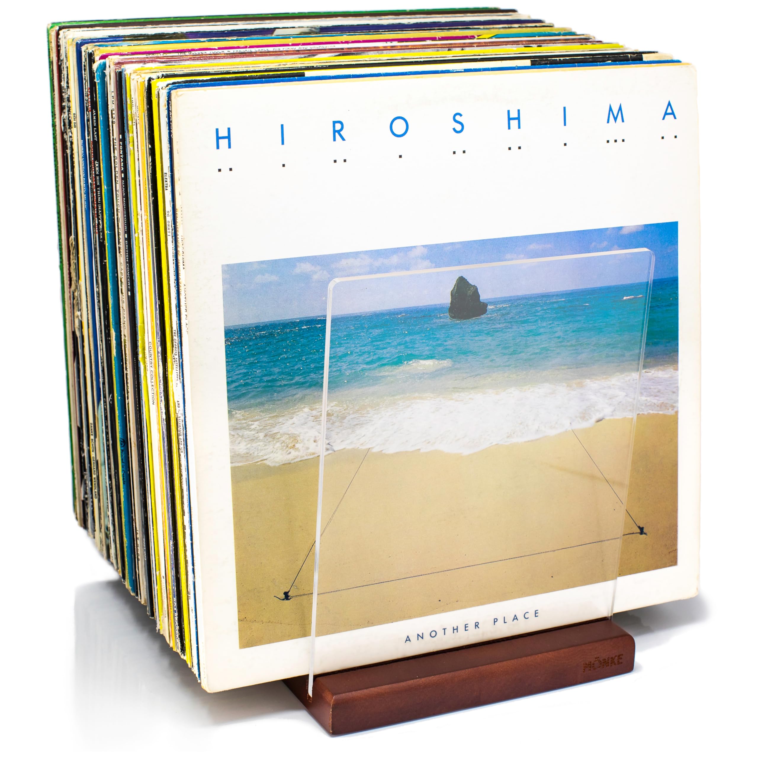 MÖNKE Premium Vinyl Storage brown front view shows sturdy mid-century elegance for easy album access.